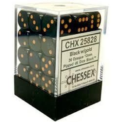 Dés: Set de 36 Dés 6 Opaque Noir et Doré Chessex