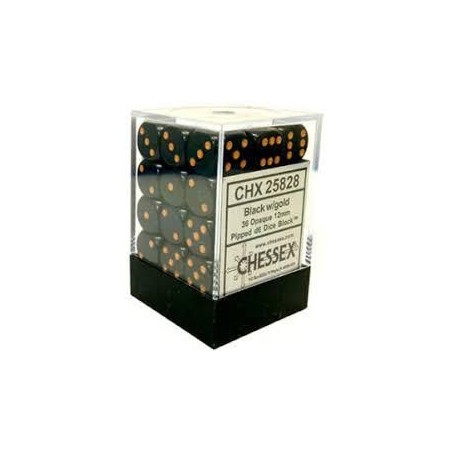 Dés: Set de 36 Dés 6 Opaque Noir et Doré Chessex