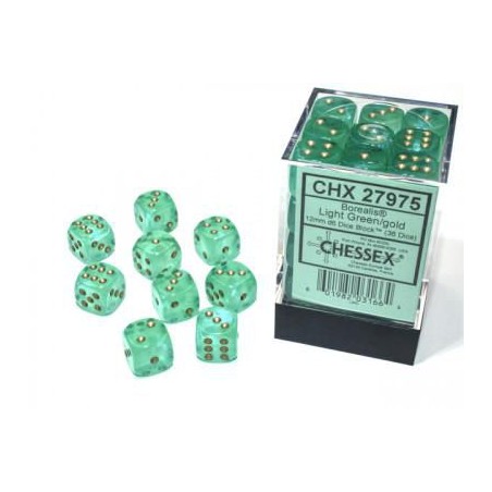 Dés: Set de 36 Dés 6 Transparent Borealis Vert Chessex