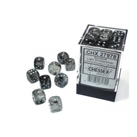 Dés: Set de 36 Dés 6  Borealis Noir / Argent